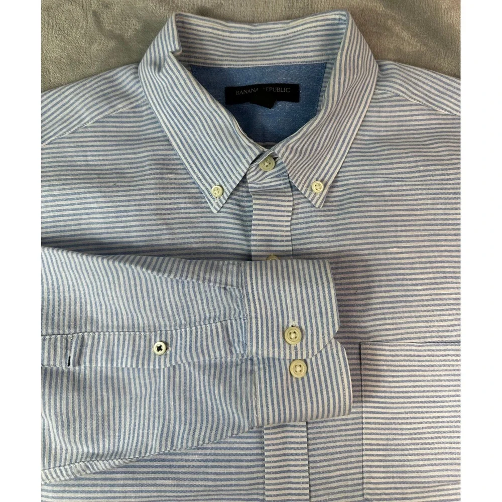 Banana Republic Linen Blend Shirt Mens Large Blue Striped Slim Fit Button Up